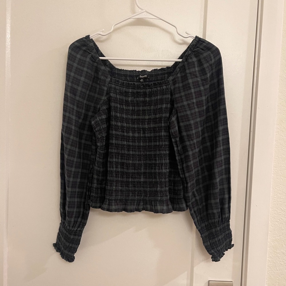 Madewell Plaid Green Puff Sleeve Cropped Blouse Cottagecore Fall Holiday